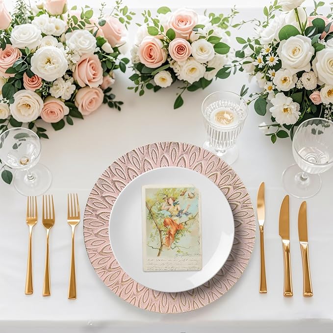 Pink Charger Plates, 13 Inch Set of 6 Plastic Peacock Chargers for Dinner Plates,Table Settings, Easter, Thanksgiving, Christmas Party, Family Gathering.