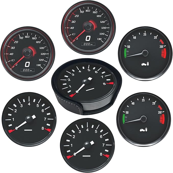 Car Speedometer Coasters Leather Round Drink Coasters 6 Pcs Set with Holderor for Cup Drink Coffee Table Bar Home Decor