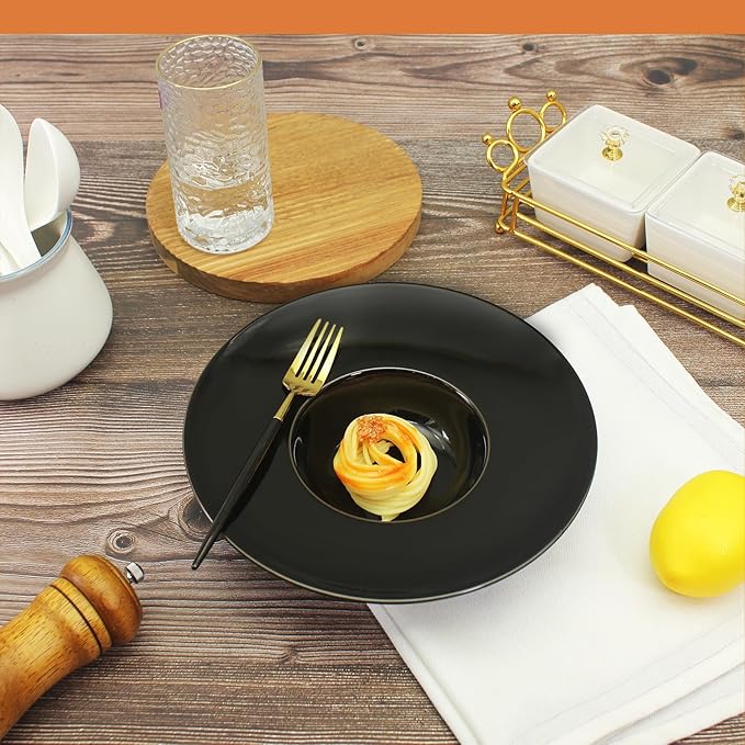 Ceramics Rimmed Soup Bowls 8.6 oz, Black 11 inch Exquisite small soup plate Set of 4, Pasta plates With Rim is the best choice for hotels, kitchens, fine restaurants and gourmets