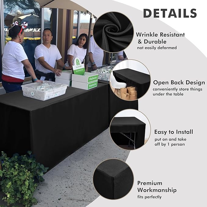Nasitos 6 Pack Black Tablecloth for 8FT Trade Show Table Covers-Open Back Folding Tablecloths Washable Fabric and Wrinkle Resistant Table Covers for Craft Show, Display Table, Parties, Birthday