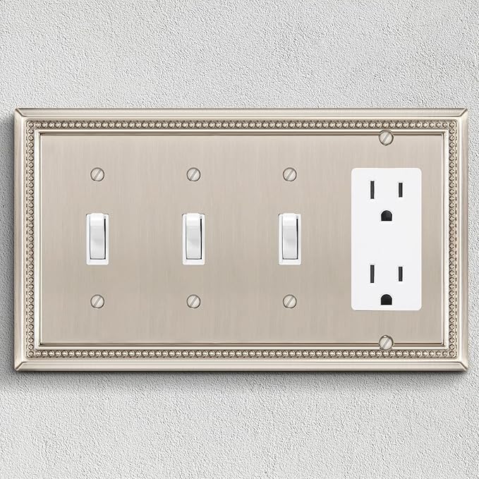 Henne Bery Sunken Pearls Heavy Duty Decorative Wall Plate Switch Plate Outlet Cover (Triple Toggle/Single Decorator, Satin Nickel)
