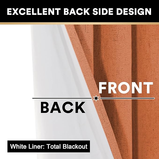 PrinceDeco Linen Texture Curtains 100% Blackout Curtains 64 inch Long 2 Panels Set for Bedroom Living Room Energy Saving Window Treatment Curtain Drapes, Burlap Fabric with White Liner，Orange