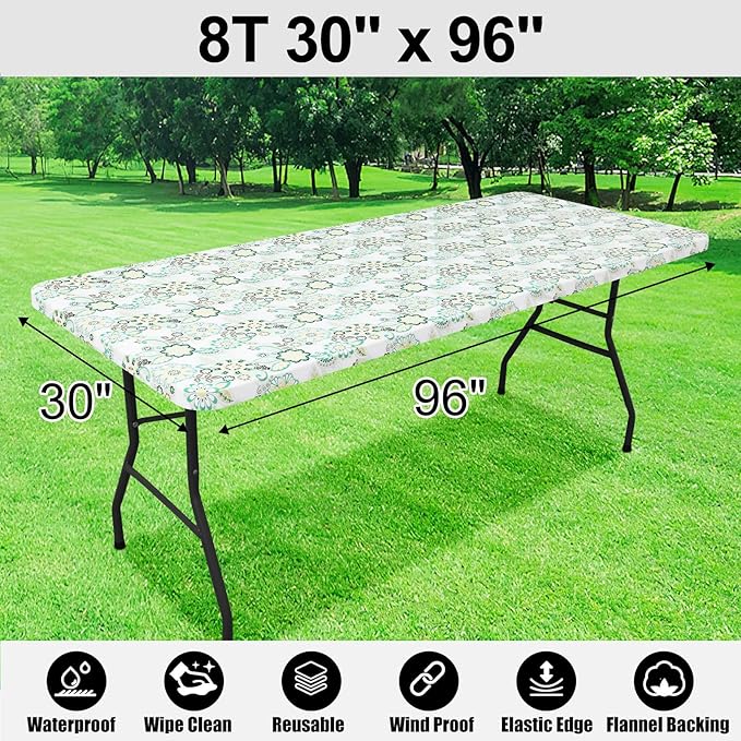 Smiry Rectangle Table Cloth Cover, Waterproof Elastic Fitted Picnic Tablecloth for 8 Foot Tables, Wipeable Flannel Backed Vinyl Tablecloths for Camping, Dining, Outdoor (Teal & White, 30" x 96")