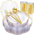 EI 180pcs Clear and Gold Plastic Plates with Plastic Silverware,Dinnerware Plate Set for Party,Disposable Plates Heavy Duty Clear Gold Cups for Wedding,Birthday,Spring Afternoon Tea