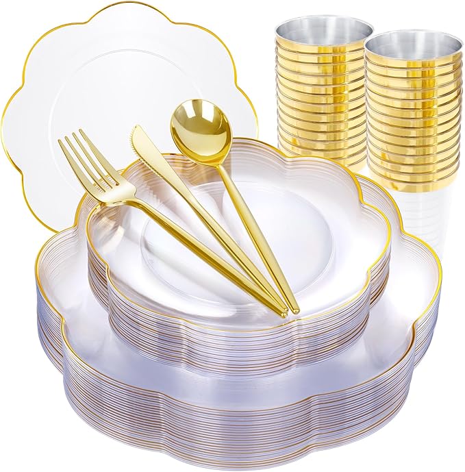 EI 180pcs Clear and Gold Plastic Plates with Plastic Silverware,Dinnerware Plate Set for Party,Disposable Plates Heavy Duty Clear Gold Cups for Wedding,Birthday,Spring Afternoon Tea