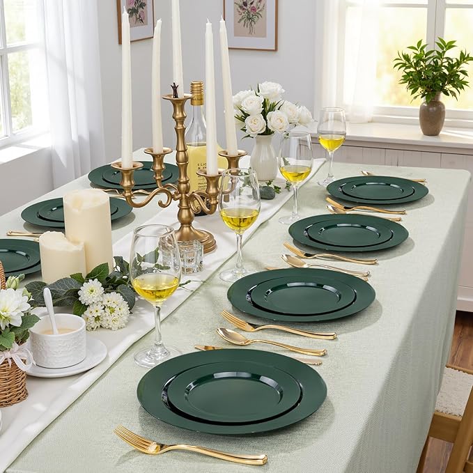 FLOWERCAT 200PCS Dark Green Plastic Plates Disposable Plates for Party - Heavy Duty Plastic Plates - 10" &7" Plate for 100 Guests New Year Parties and Events