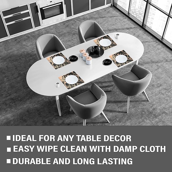 Dainty Home Black Rose Gold Marble Square Cork Placemats - Heat Resistant Placemats, Non-Slip, Easy Clean Placemats for Elegant Dining - 15"x15" Set of 2 - Perfect for Stylish, Modern Homes