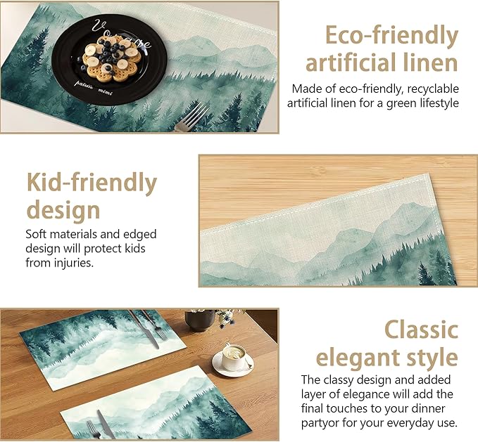 Placemats, Watercolor Forest Landscape Placemats 12x18 Inch Waterproof Non-Slip Washable Table Mats for Kitchen Dining Party Table Decor,Set of 6