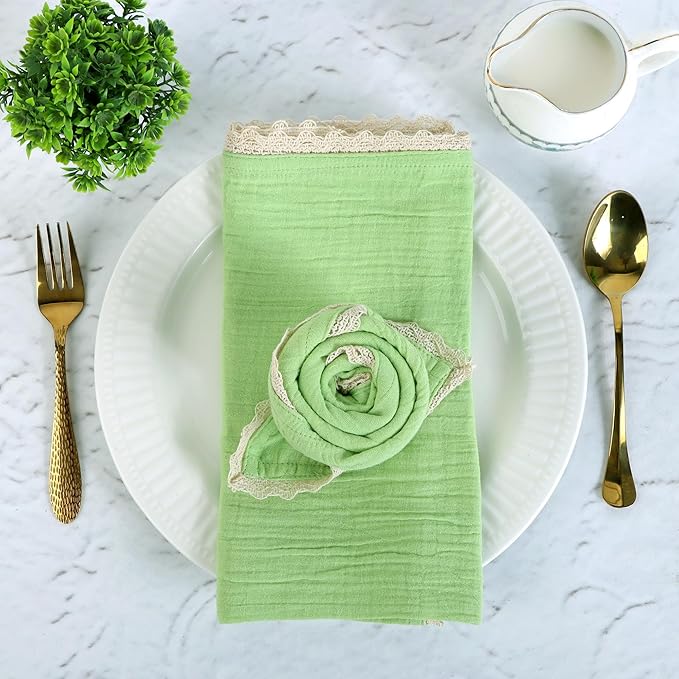 Fingercraft Dinner Cloth Napkin Cotton Muslin Double Gauze 4 Pack with Classic Lace for Everyday Use, Wedding, Party, Christmas, Easter Napkins Cloth are Pre Shrunk and Good Absorbency Lettuce Green
