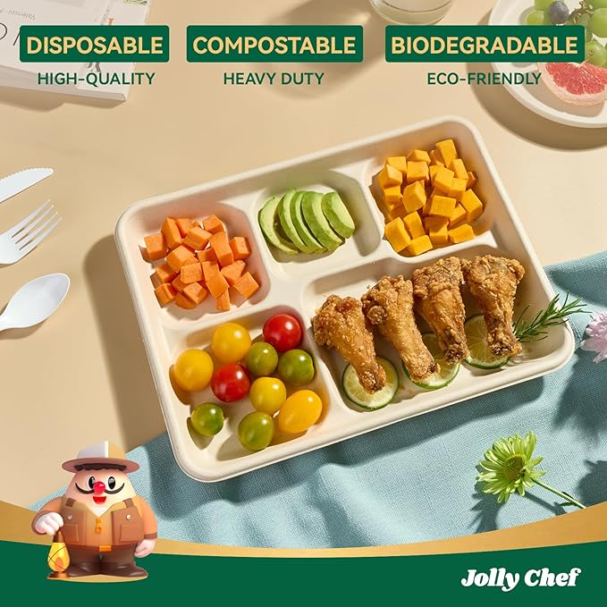 JOLLY CHEF Compostable 𝟱 Compartment Paper Plates 𝟭𝟭 * 𝟴 𝗶𝗻𝗰𝗵 [𝟱𝟬𝟬 𝗣𝗮𝗰𝗸] Heavy Duty Natural Divided Disposable Eco-Friendly Biodegradable Food Trays for Party Lunch Dinner Christmas