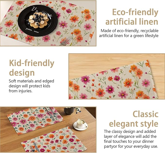 Herbs and Wild Flowers Spring Placemats, Seasonal Summer Placemats 12x18 Inch Waterproof Non-Slip Washable Table Mats for Kitchen Dining Party Table Decor,Set of 6