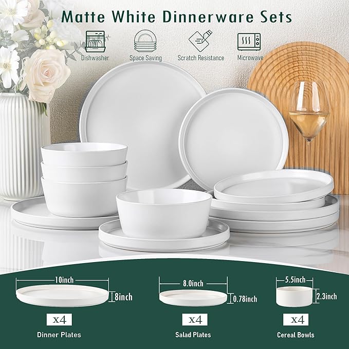 AmorArc Ceramic Dinnerware Sets for 4,Stoneware Plates and Bowls Sets,Chip and Crack Resistant | Dishwasher & Microwave Safe Ceramic Dishes,Service for 4 (12pc)-White