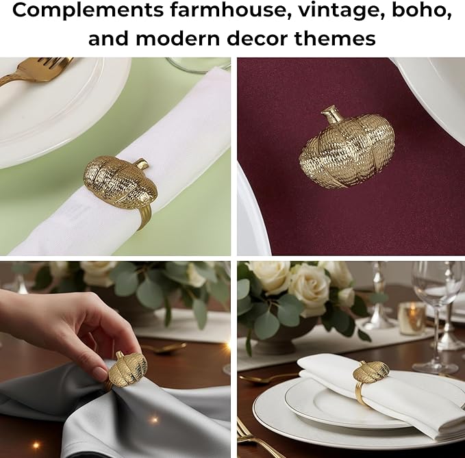 ALPHA Living HOME Set of 12 Pumpkin Napkin Rings Premium Metal Fall Harvest Table Decor Thanksgiving Dinnerware Holders, Autumn & Halloween Table Setting Accessories (Gold)