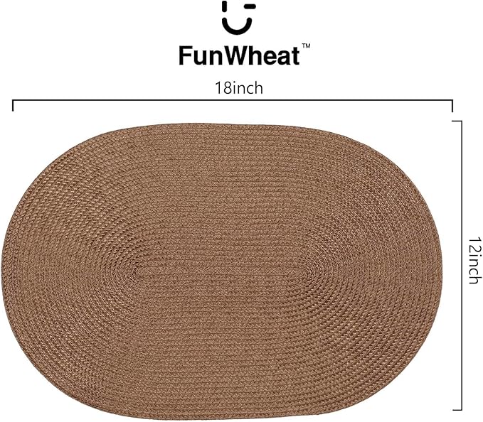 FunWheat Oval Braided Placemats Set of 6 Table Mats for Dining Tables Washable Heat Resistant Place Mats for Indoor Outdoor Use 12 x18 Inch(Oval Light Brown, 6pcs)
