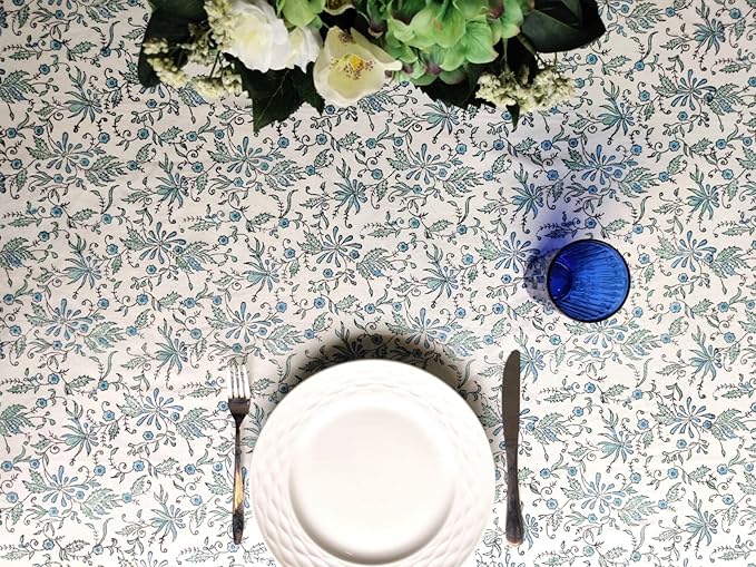 ATOSII Aster Blue 100% Cotton Rectangle Boho Fall Tablecloth, Handblock Floral Table Cloth Linen for Kitchen Dining I Parties Wedding Outdoors Christmas Thanksgiving I Fall Home Decor 60 X 108 Inches