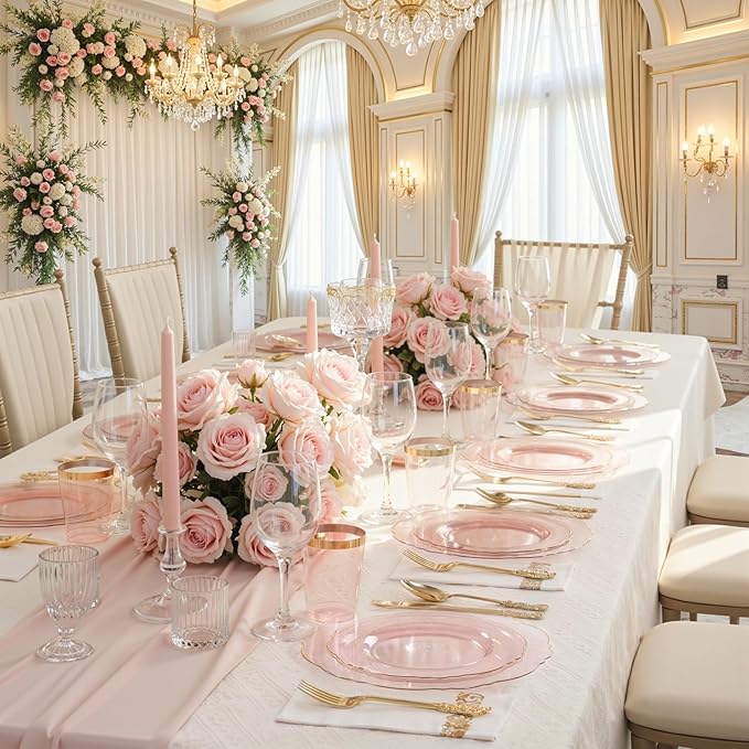 KIRE 210Pcs Clear Pink Plastic Plates with Gold Rim - Disposable Pink Plates&Silverware&Pink Cups&Hand Napkin - Plum Colored Plastic Dinnerware for Upscale Wedding/Valentine's Day