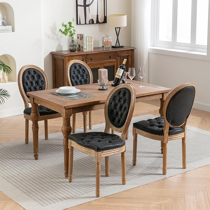 Vintage French Dining Chairs Set of 2, Round Back PU Leather Upholstered Side Chairs with Nailhead Trim and Solid Wood Frame, Sillas de Comedor for Dining Room & Kitchen, Black