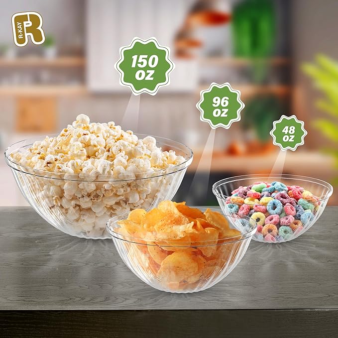 R-kay 6 Pack Plastic Serving Bowls - 48 Oz Clear Plastic bowls - Salad Bowls Large Serving - Premium Clear Disposable bowls Heavy Duty For Weddings Catering And Birthday parties
