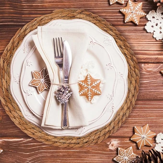GENMOUS Woven Placemats Set of 12, 13" Round Placemats Natural Water Hyacinth Boho Placemats,Farmhouse Rattan Chargers for Dinner Plates,Rustic Braided Wicker Table Mats for Dining Table,Home,Wedding