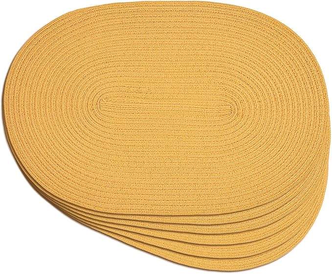 Noctiflorous Oval Braided Placemats Set of 6 Woven 12x18 Inch Non Slip Washable Heat Resistant Place Mats Round Tablemats for Dining Kitchen Party Daily Table Decor Dinner Mats (Solid Yellow, 6)