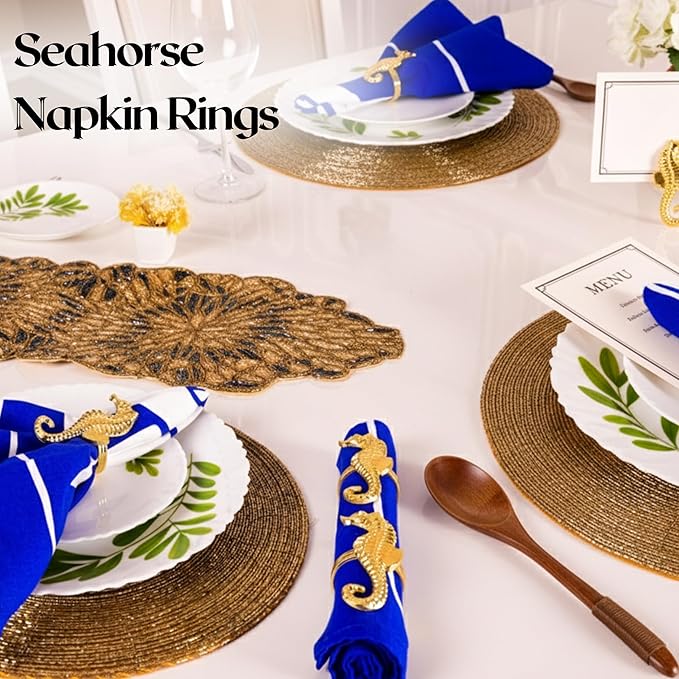 Seahorse Napkin Rings Set of 12, Metal Napkin Holders, Serviette Rings for Coastal, Nautical, Beach, Ocean Theme Table Decor, Wedding Decorations, Summer Party (Gold) - ALPHA Living HOME