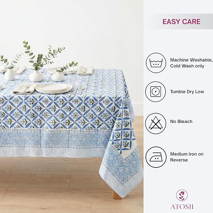 ATOSII Netta Blue 100% Cotton Rectangle Boho Fall Tablecloth, Handblock Floral Table Cloth Linen for Kitchen Dining I Parties Wedding Outdoors Farmhouse Grandmillennial I 72 X 108 Inches I 8 Seater