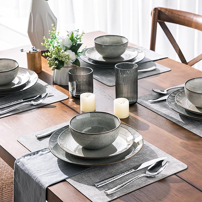 GBHOME 24 Pieces Ceramic Dinnerware Sets for 6, Stoneware Plates and Bowls Set with Reactive Glaze, Scratch Resistant Stoneware Dishes Set, Dishwasher & Microwave Safe