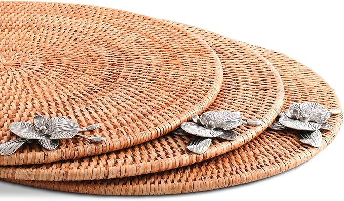 Vagabond House Round Wicker Placemats with Pewter Orchid Accent, Set of 4, 15.5 Inches Diameter - Hand-Woven Rattan, Elegant and Durable, Perfect for Enhancing Table Decor and Protection