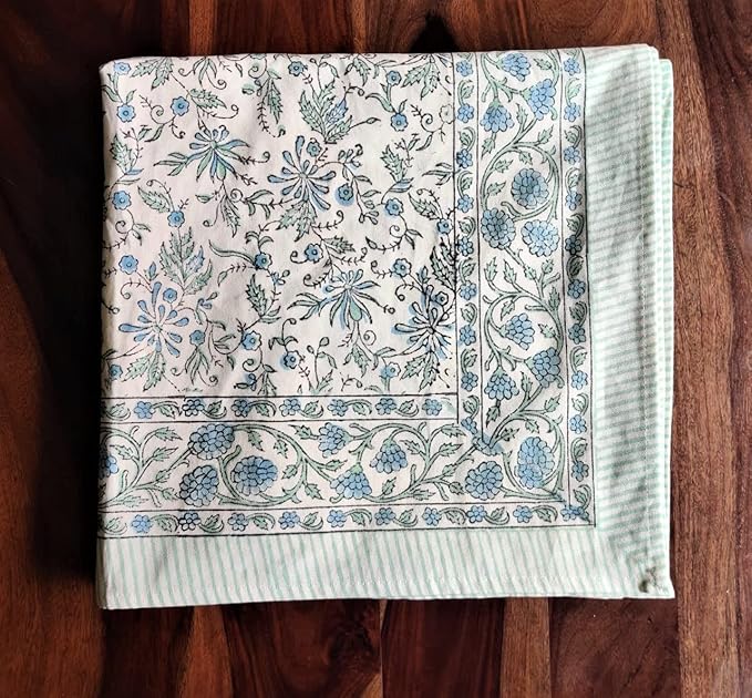 ATOSII Aster Blue 100% Cotton Square Boho Fall Tablecloth, Handblock Floral Table Cloth Linen for Kitchen Dining I Parties Wedding Outdoors Christmas Thanksgiving I Fall Home Decor 60 X 60 Inches