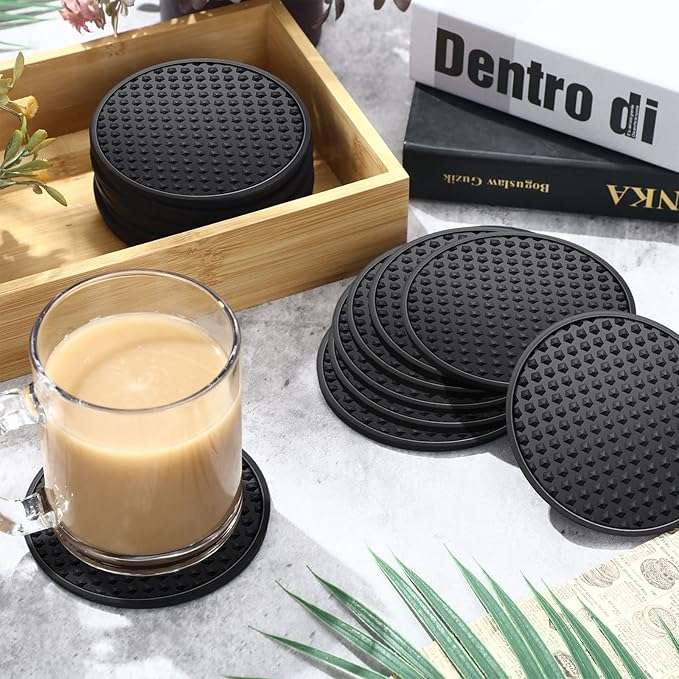 Eccliy 36 Pack Silicone Coasters for Drinks Nonslip Silicone Drink Coasters Cold Hot Heat Resistant for Table Tabletop Coffee Bar (Black)