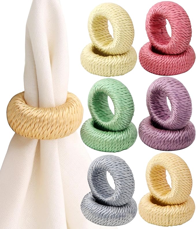 ALPHA Living HOME Woven Rayon Napkin Rings Set of 12 - Elegant Napkin Holder for Cloth Napkins for Dining Table - Boho Home Decor for Easter, Holiday, Christmas, Everyday Dinner Party (Pastel Color)