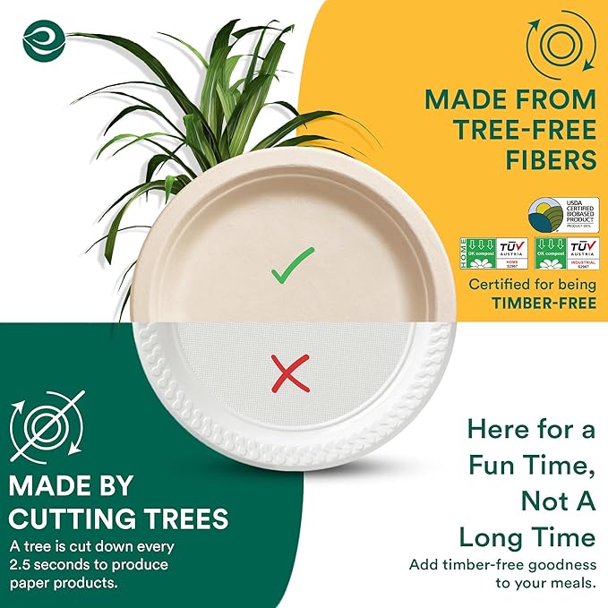 ECO SOUL Compostable Paper Plates 6 Inch (100 Count) Plates for Dessert, Heavy Duty, Eco-Friendly Sugarcane Bagasse Small Plates For Appetizer- Natural Brown