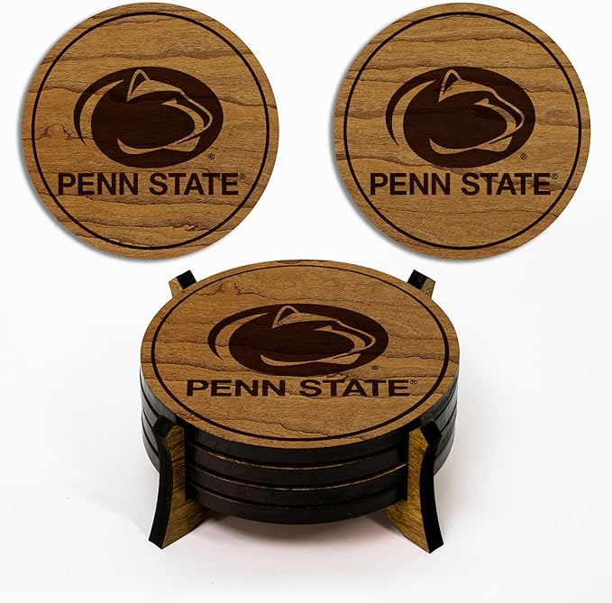 LazerEdge Penn State Nittany Lions Wooden Coaster Set - Cherry Wood - Officially Licensed Product - 4-Pack