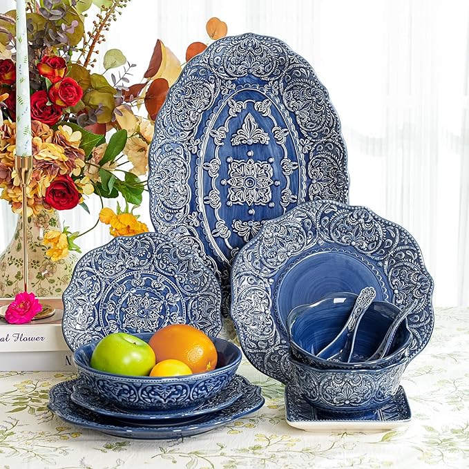Sungmor Embossed Stoneware Fine Dining Dinnerware, Antique Baroque Style Porcelain 6 Inch (20 oz) Flower Shape Bowls Set of 4, Sophisticated Ceramic Bowls for Soup, Cereal, Oatmeal, Rice, Pasta, Salad