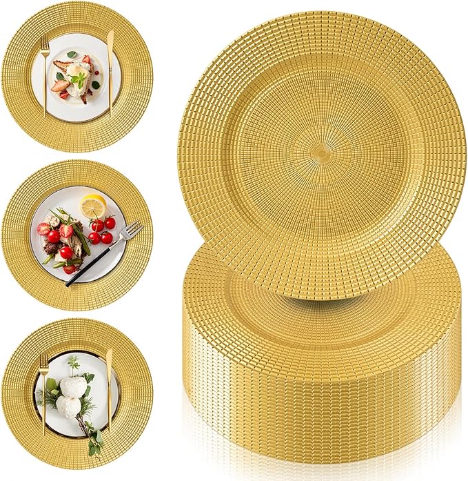 100 Pcs Gold Charger Plates Bulk, 13" Reusable Reef Serving Gold Chargers for Dinner Plates , Round Plastic Shiny Decorative Charger Plate for Wedding, Catering, Parties, Restaurant, Home Dinner Use