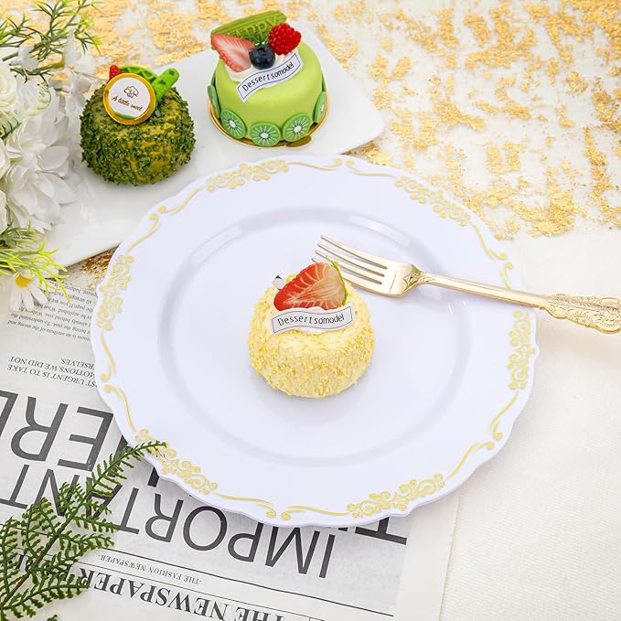 DaYammi 60PCS White and Gold Plastic Plates, Gold Rim Plates Disposable Heavy Duty Disposable Plate Premium 10inch White Dinner Plate Hard Plastic Platos for Party Wedding Bridal Shower