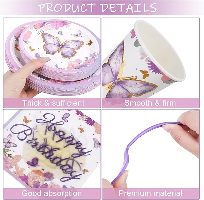 Kochorie 400 Pieces Butterfly Disposable Party Tableware Sets Including Plates Cups Napkins Cutlery Serves 50 for Butterfly-themed Party Birthday Baby Shower Girls Party Decorations