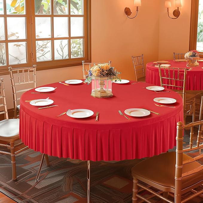 1 Pack Red Spandex Round Tablecloths for 60 inch Table, Stretchy Fitted 5FT Round Table Cloth with Wrinkle Free Skirt for Wedding Party Dining Banquet