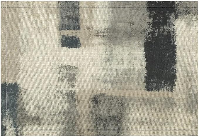 Gradient Placemat Set, Modern Minimal Fashion Abstract Beige Grey Blue Art Oil Painting Brush Strokes Patchwork Pattern Home Decor Linen Table Mats for Dining Room Kitchen Party (17x12in) x4P
