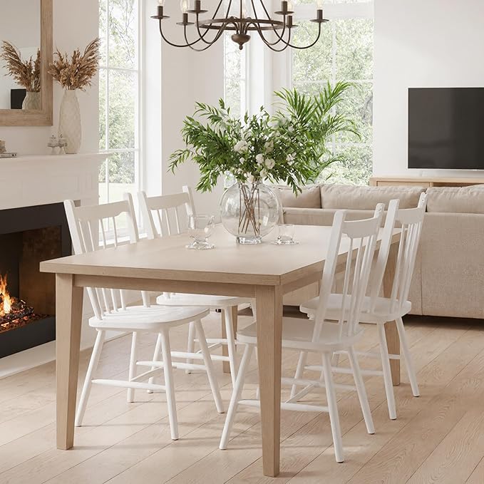HNY White Windsor Dining Chairs Set of 6, Farmhouse Wooden Kitchen Chairs with Spindle Back, Mid Century Modern Armless Kitchen Side Chair for Dining Living Room Restaurant