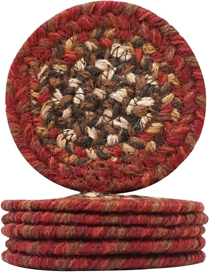 Homespice Chester Jute Braided Cabin Coasters 4", Warm Lodge and Cabin Decor, Set of 6, Red - Durable, Absorbs Moisture, Easy to Clean and Protects Furniture