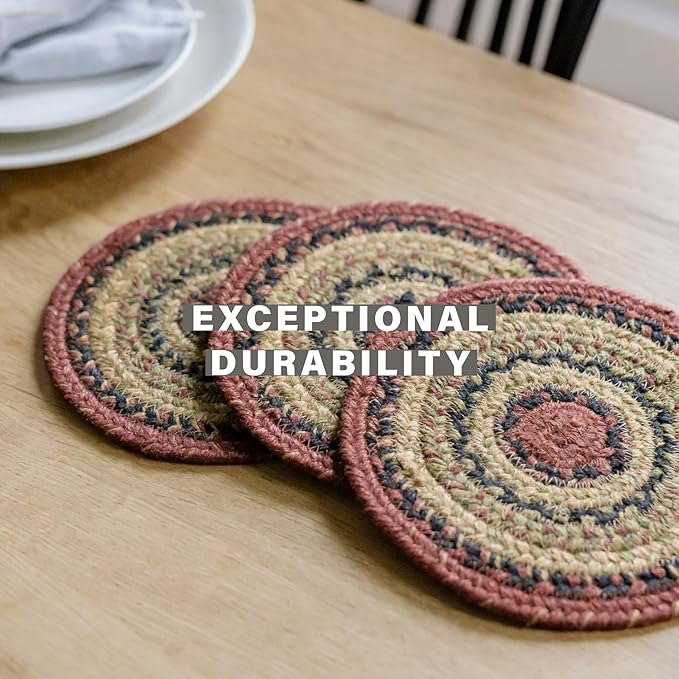 Homespice Highland Jute Braided Kitchen Trivets for Hot Dishes, Warm Country Decor, Set of 6, Multicolor 8" Round Heat Resistant Mat - Rich Colors, Easy to Clean, Durable and Protects Furniture