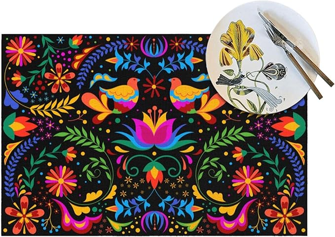 Mexican Placemats Set of 4 Linen 12"x18" Mexican Flower Decorative Kitchen Table Mats for Dining Kitchen Party Home Decor Washable Place Mats