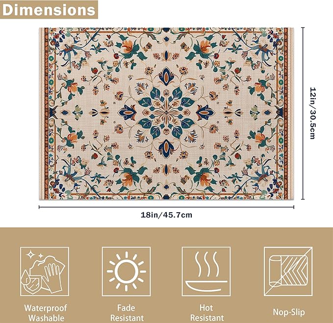 Persian Carpet Spring Summer Green Blue Placemats Set of 6, Linen Washable for Christmas, Thanksgiving, Party, and Daily Dining, Decorative Table Mats for 4-6 Person Table