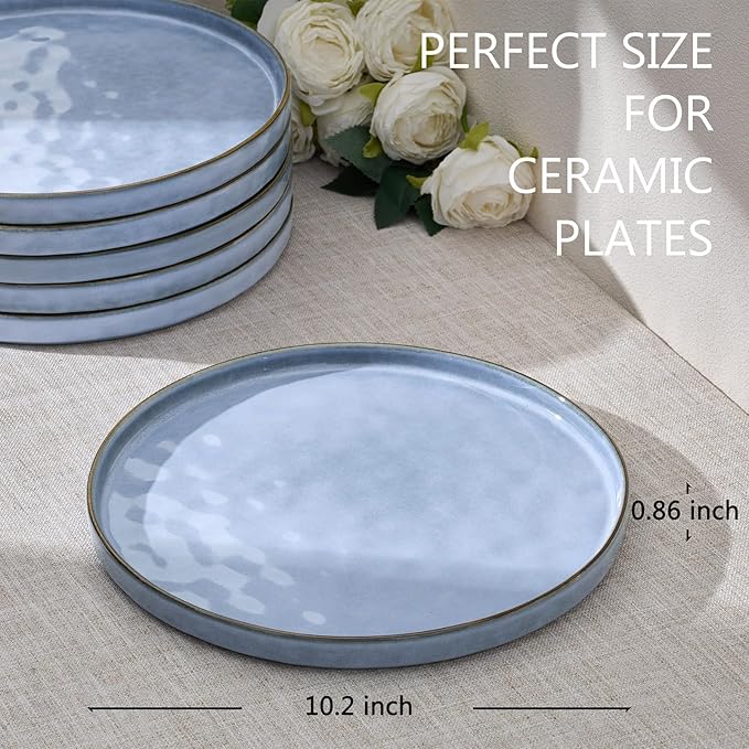 LIANYU Ceramic Dinner Plates Set for 4, 10.2In Porcelain Kitchen Salad Dessert Serving Dishes Set, Modern Round Stoneware Dinnerware Appetizer Plates, Scratch Resistant & Microwavable, Serenity Blue