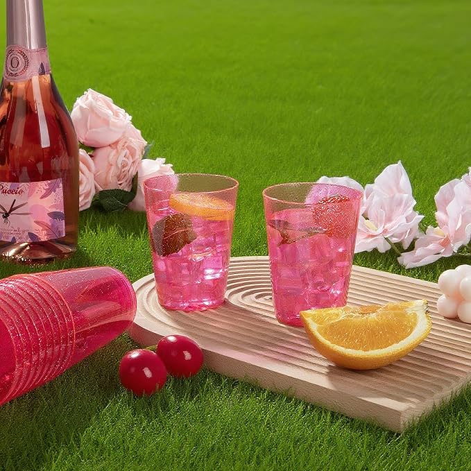 DaYammi 100 Pack Pink Plastic Cups 10Oz Clear Pink Disposable Party Cups for Martini and Cocktail,Fancy Disposable Cup for Wedding,Pink Party Cups Perfect for Valentine's Day Mother's Day Party