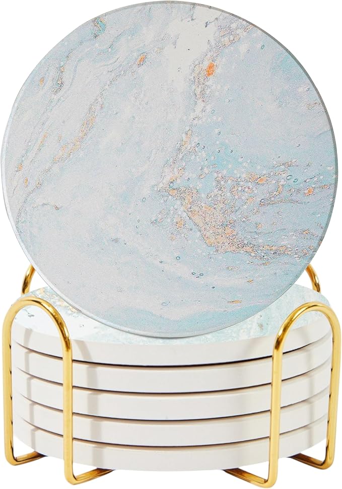 Ceramic Absorbent Coasters Set of 6 with Holder, Marble Drink Coasters for Coffee Table, Water-Absorbing Stone Coasters, White (Marble Design)