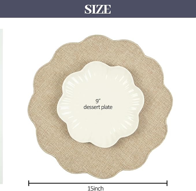 AHHFSMEI Round Faux Linen Placemats Set of 4 Waterproof Table Mats Heat Resistant Non-Slip and Stain Proof for Kitchen Dining Elegant Decor (Linen Beige,4)
