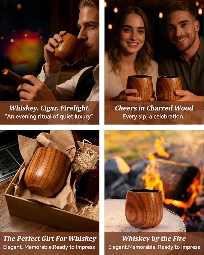 Handmade Charcoal-roasted Retro Wooden Whiskey Glass Set (2 Pieces), Classic Cocktail Glass, Traditional Bourbon Glass, Holidays, Men's Business Gifts
