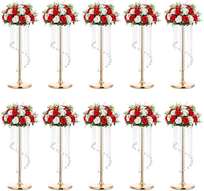 Nuptio Wedding Centerpieces Gold Vases: 10 Pcs 27.6in Tall Crystal Flower Vase Metal Flowers Stand for Party Tables Decorations - Elegant Bulk Weddings Decoration Table Chandelier Centerpiece Stands
